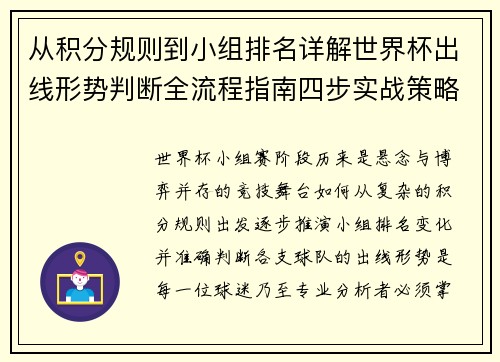 从积分规则到小组排名详解世界杯出线形势判断全流程指南四步实战策略 从积分规则到小组排名详解世界杯出线形势判断全流程指南四步实战策略